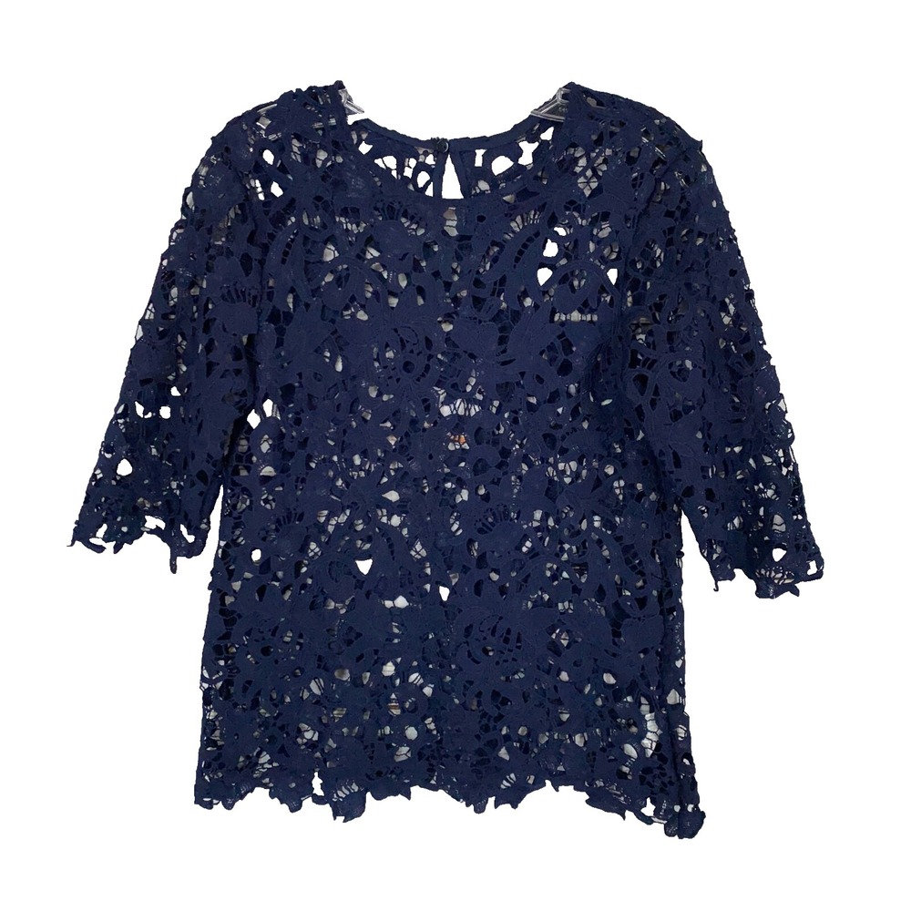 Goodnight Macaroon Lace Top Blouse Womens Size Small Navy Blue Layering NEW